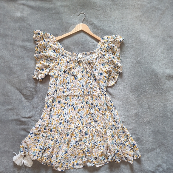 Cream and Blue Ruched Ruffle Mini Sundress - Picture 3 of 4